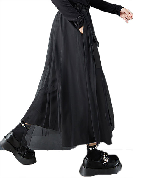 ellazhu Women's Pants Loose Wide Leg High Elastic Waist Patchwork Sweatpants Side Pockets GZ693 Black