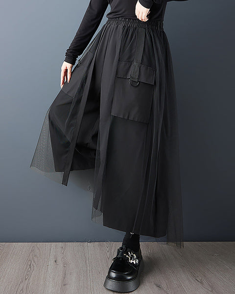 ellazhu Women's Pants Loose Wide Leg High Elastic Waist Patchwork Sweatpants Side Pockets GZ693 Black