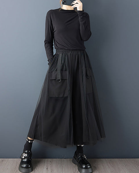 ellazhu Women's Pants Loose Wide Leg High Elastic Waist Patchwork Sweatpants Side Pockets GZ693 Black