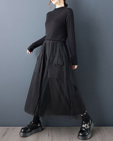 ellazhu Women's Pants Loose Wide Leg High Elastic Waist Patchwork Sweatpants Side Pockets GZ693 Black