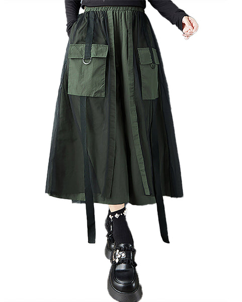 ellazhu Women's Pants Loose Wide Leg High Elastic Waist Patchwork Sweatpants Side Pockets GZ693 Black