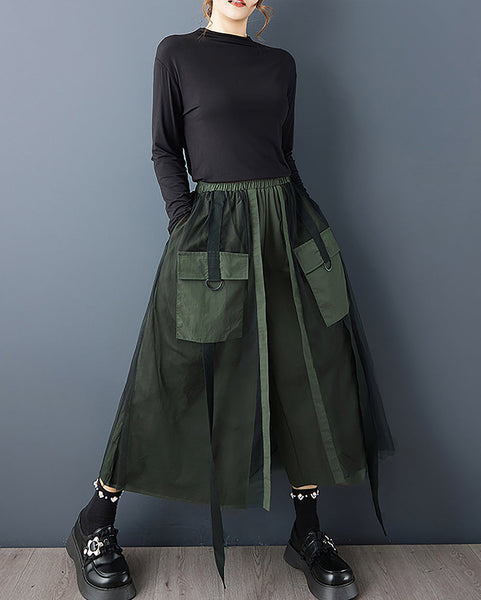 ellazhu Women's Pants Loose Wide Leg High Elastic Waist Patchwork Sweatpants Side Pockets GZ693 Black