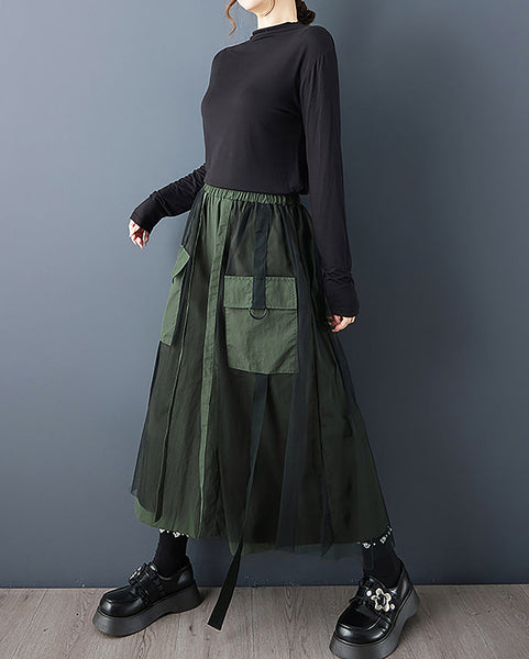 ellazhu Women's Pants Loose Wide Leg High Elastic Waist Patchwork Sweatpants Side Pockets GZ693 Black