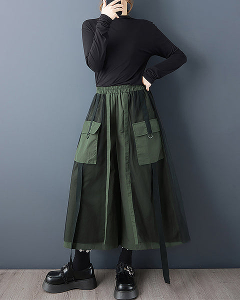 ellazhu Women's Pants Loose Wide Leg High Elastic Waist Patchwork Sweatpants Side Pockets GZ693 Black