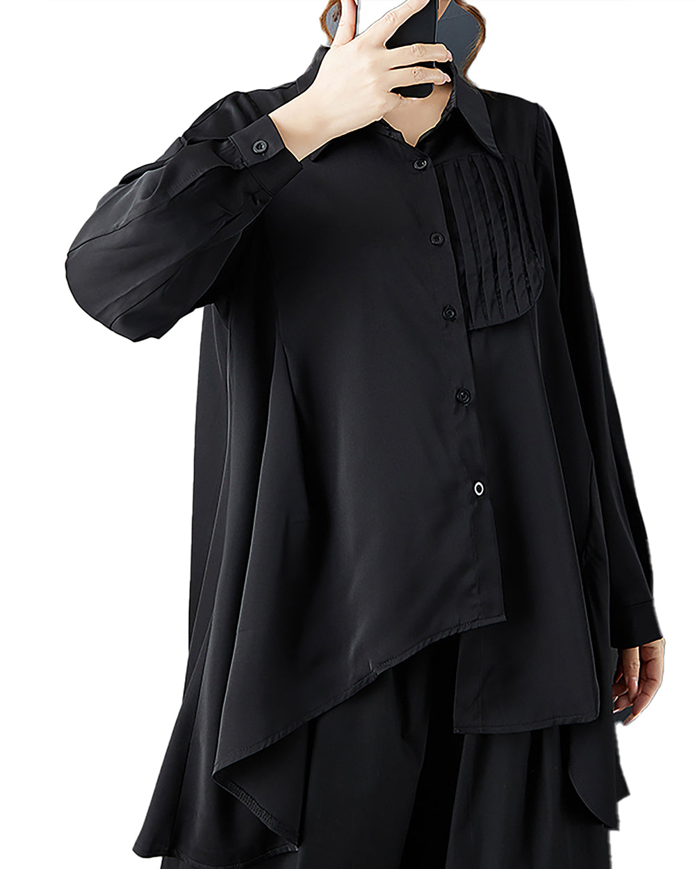 ellazhu Women's Shirt Coat Lapel Button Down Long Sleeve Solid Irregular Hem Plus Size Side Pockets GZ694 Black