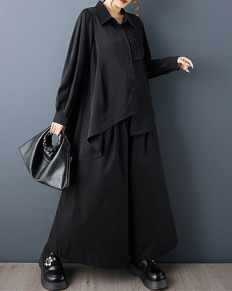 ellazhu Women's Shirt Coat Lapel Button Down Long Sleeve Solid Irregular Hem Plus Size Side Pockets GZ694 Black