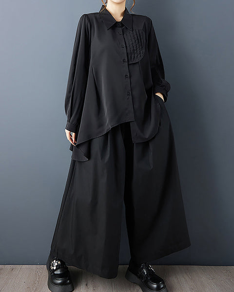 ellazhu Women's Shirt Coat Lapel Button Down Long Sleeve Solid Irregular Hem Plus Size Side Pockets GZ694 Black