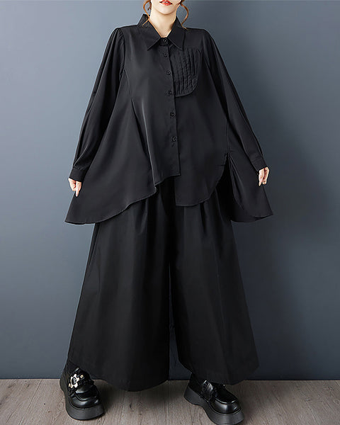 ellazhu Women's Shirt Coat Lapel Button Down Long Sleeve Solid Irregular Hem Plus Size Side Pockets GZ694 Black