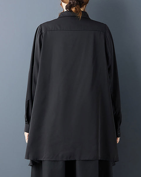 ellazhu Women's Shirt Coat Lapel Button Down Long Sleeve Solid Irregular Hem Plus Size Side Pockets GZ694 Black