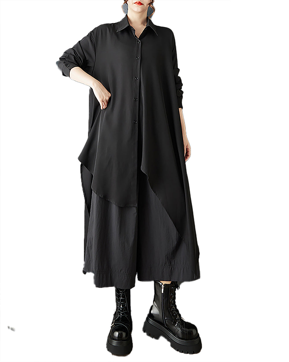 ellazhu Women's Dress Coat Lapel Long Sleeve Button Down Casual Maxi Plus Size Pocket Solid Irregular Hem GZ695 Black