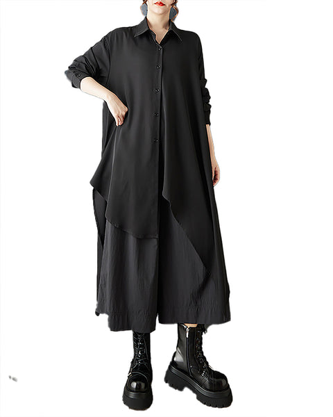 ellazhu Women's Dress Coat Lapel Long Sleeve Button Down Casual Maxi Plus Size Pocket Solid Irregular Hem GZ695 Black