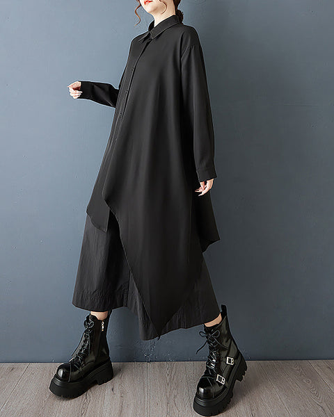 ellazhu Women's Dress Coat Lapel Long Sleeve Button Down Casual Maxi Plus Size Pocket Solid Irregular Hem GZ695 Black