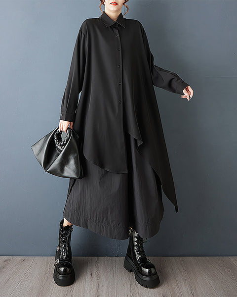 ellazhu Women's Dress Coat Lapel Long Sleeve Button Down Casual Maxi Plus Size Pocket Solid Irregular Hem GZ695 Black