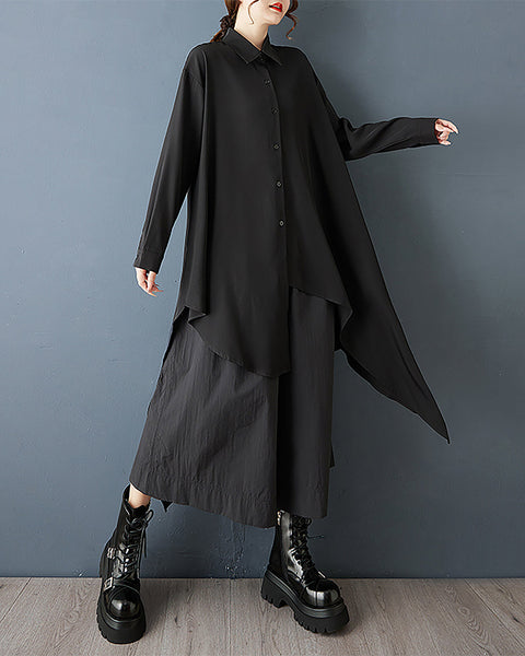 ellazhu Women's Dress Coat Lapel Long Sleeve Button Down Casual Maxi Plus Size Pocket Solid Irregular Hem GZ695 Black