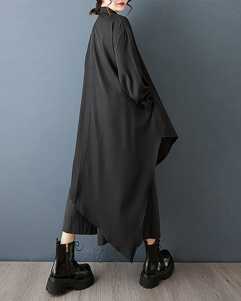 ellazhu Women's Dress Coat Lapel Long Sleeve Button Down Casual Maxi Plus Size Pocket Solid Irregular Hem GZ695 Black