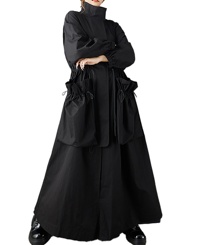 ellazhu Women's Coats Lapel Solid Long Sleeve Zip Up Plus Size Maxi Hem Side Pockets GZ696 Black