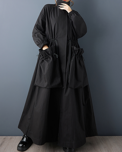 ellazhu Women's Coats Lapel Solid Long Sleeve Zip Up Plus Size Maxi Hem Side Pockets GZ696 Black