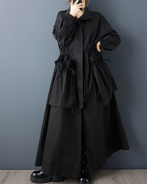 ellazhu Women's Coats Lapel Solid Long Sleeve Zip Up Plus Size Maxi Hem Side Pockets GZ696 Black