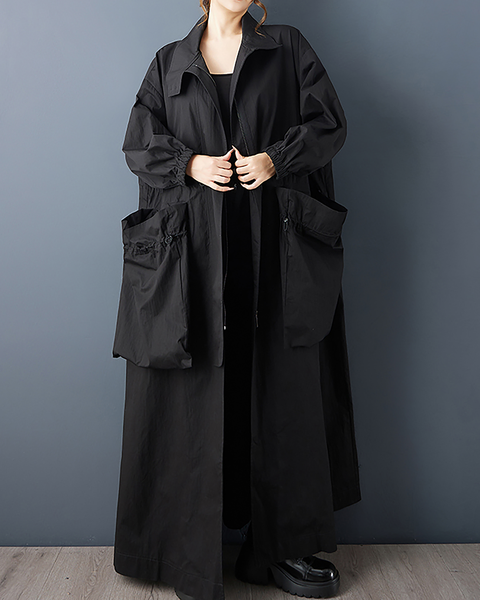 ellazhu Women's Coats Lapel Solid Long Sleeve Zip Up Plus Size Maxi Hem Side Pockets GZ696 Black