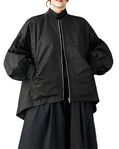 ellazhu Women's Coats Mock Neck Solid Long Sleeve Zip Up Plus Size High-low Hem Side Pockets GZ697 Black