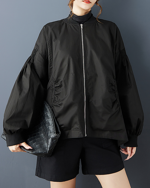 ellazhu Women's Coats Mock Neck Solid Long Sleeve Zip Up Plus Size High-low Hem Side Pockets GZ697 Black