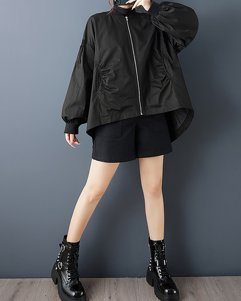 ellazhu Women's Coats Mock Neck Solid Long Sleeve Zip Up Plus Size High-low Hem Side Pockets GZ697 Black