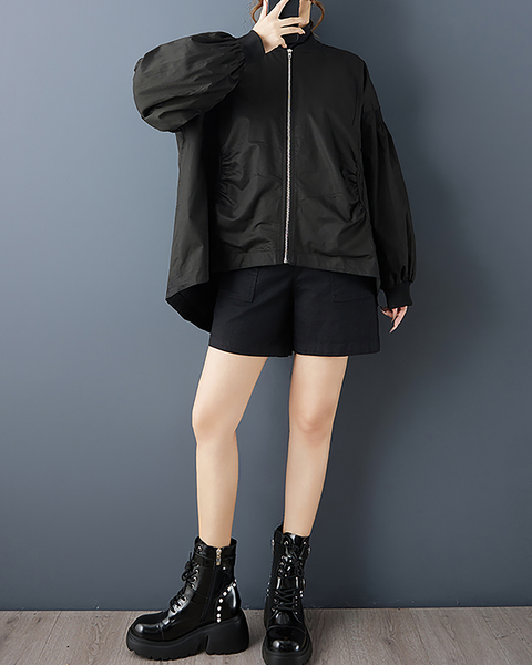 ellazhu Women's Coats Mock Neck Solid Long Sleeve Zip Up Plus Size High-low Hem Side Pockets GZ697 Black