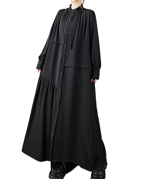 ellazhu Women's Dress Coat Mock Neck Long Sleeve Button Down Tie Waist Plus Size Maxi Hem Pocket Solid GZ698 Black