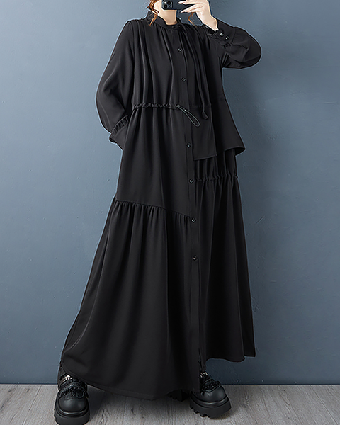 ellazhu Women's Dress Coat Mock Neck Long Sleeve Button Down Tie Waist Plus Size Maxi Hem Pocket Solid GZ698 Black