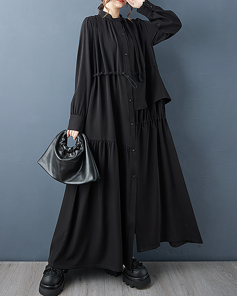 ellazhu Women's Dress Coat Mock Neck Long Sleeve Button Down Tie Waist Plus Size Maxi Hem Pocket Solid GZ698 Black