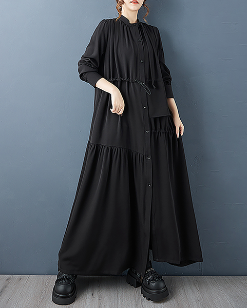 ellazhu Women's Dress Coat Mock Neck Long Sleeve Button Down Tie Waist Plus Size Maxi Hem Pocket Solid GZ698 Black