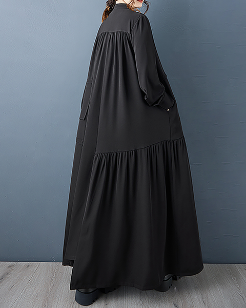 ellazhu Women's Dress Coat Mock Neck Long Sleeve Button Down Tie Waist Plus Size Maxi Hem Pocket Solid GZ698 Black