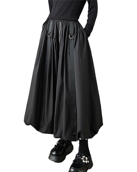 ellazhu Women's Skirt Loose Oversize Pleated Maxi Hem High Elastic Waist Side Pockets GZ699 Black