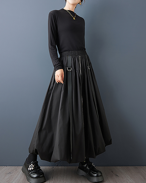 ellazhu Women's Skirt Loose Oversize Pleated Maxi Hem High Elastic Waist Side Pockets GZ699 Black