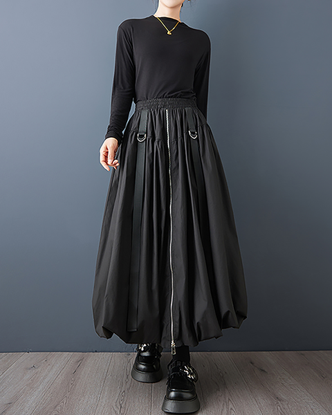 ellazhu Women's Skirt Loose Oversize Pleated Maxi Hem High Elastic Waist Side Pockets GZ699 Black
