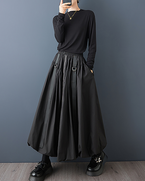 ellazhu Women's Skirt Loose Oversize Pleated Maxi Hem High Elastic Waist Side Pockets GZ699 Black