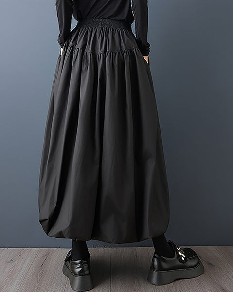ellazhu Women's Skirt Loose Oversize Pleated Maxi Hem High Elastic Waist Side Pockets GZ699 Black