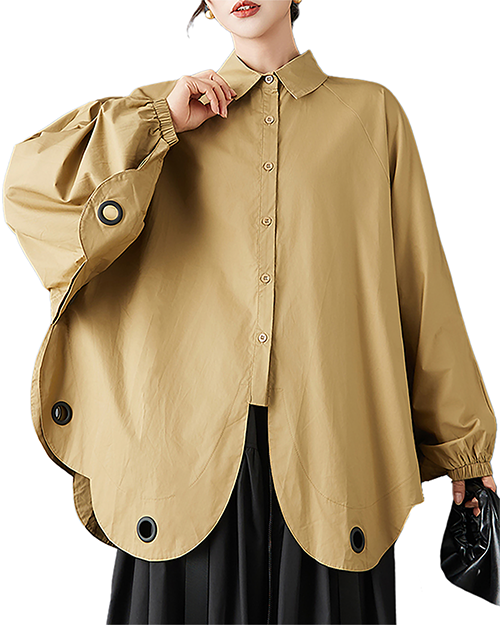 ellazhu Women's Shirt Coat Lapel Button Down Long Lantern Sleeve Solid Irregular Hem Plus Size GZ700 Yellow
