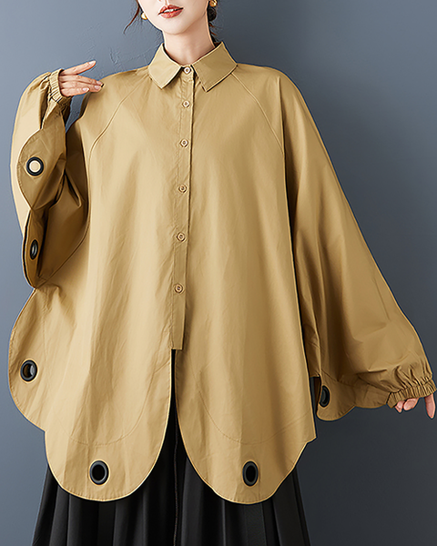 ellazhu Women's Shirt Coat Lapel Button Down Long Lantern Sleeve Solid Irregular Hem Plus Size GZ700 Yellow