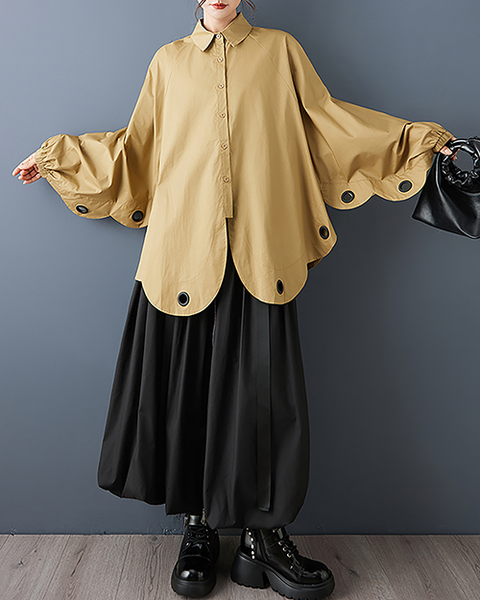 ellazhu Women's Shirt Coat Lapel Button Down Long Lantern Sleeve Solid Irregular Hem Plus Size GZ700 Yellow