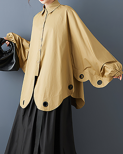 ellazhu Women's Shirt Coat Lapel Button Down Long Lantern Sleeve Solid Irregular Hem Plus Size GZ700 Yellow