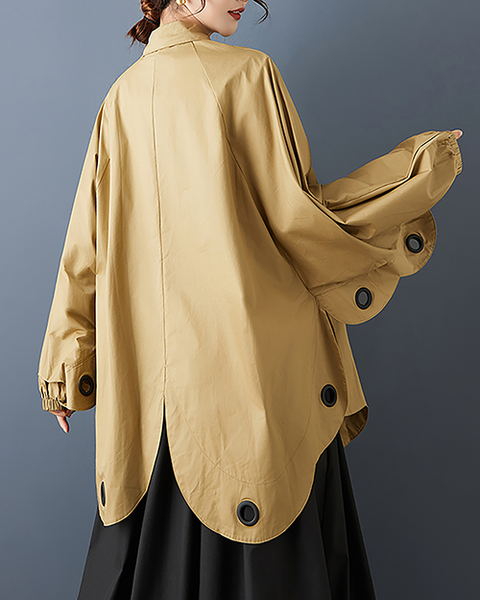 ellazhu Women's Shirt Coat Lapel Button Down Long Lantern Sleeve Solid Irregular Hem Plus Size GZ700 Yellow