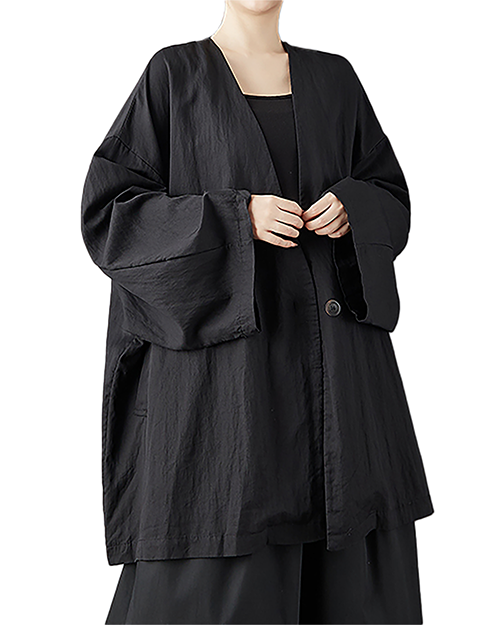 ellazhu Women's Coats V-neck Solid Vintage Long Sleeve Button Down Plus Size Side Pockets GZ701 Black