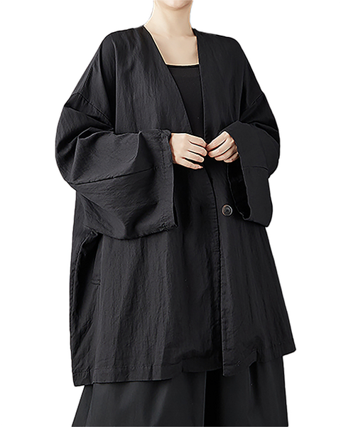 ellazhu Women's Coats V-neck Solid Vintage Long Sleeve Button Down Plus Size Side Pockets GZ701 Black