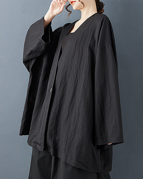 ellazhu Women's Coats V-neck Solid Vintage Long Sleeve Button Down Plus Size Side Pockets GZ701 Black