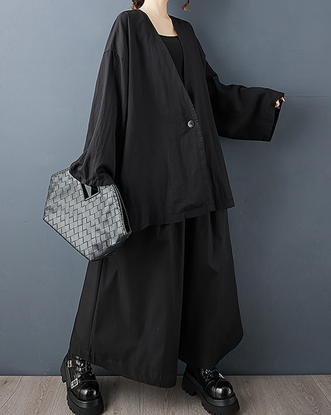 ellazhu Women's Coats V-neck Solid Vintage Long Sleeve Button Down Plus Size Side Pockets GZ701 Black