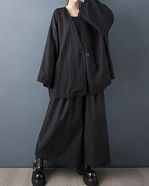 ellazhu Women's Coats V-neck Solid Vintage Long Sleeve Button Down Plus Size Side Pockets GZ701 Black