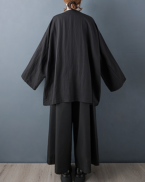 ellazhu Women's Coats V-neck Solid Vintage Long Sleeve Button Down Plus Size Side Pockets GZ701 Black