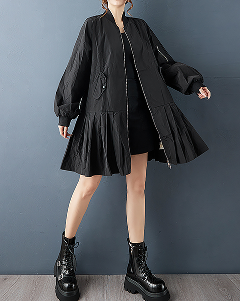 ellazhu Women's Coats Mock Neck Solid Vintage Long Sleeve Zip Up Plus Size Side Pockets GZ702 Black