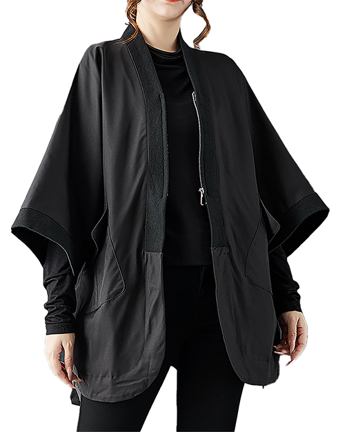 ellazhu Women's Coats V-neck Solid Vintage Long Sleeve Zip Up Plus Size Side Pockets Split Hem GZ703 Black